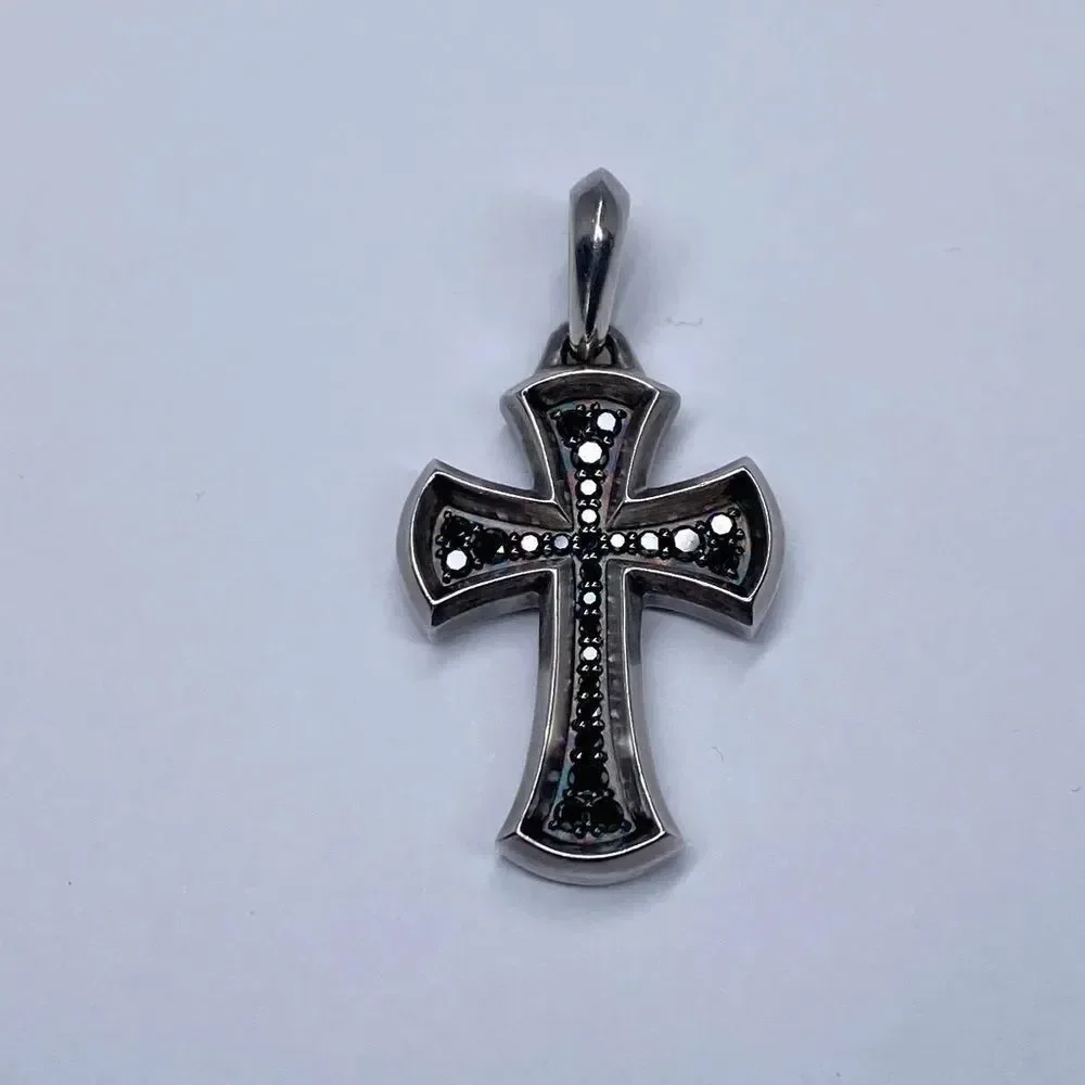 David Yurman Knife-Edge Cross Pendant Sterling Silver with Pave Black Diamonds